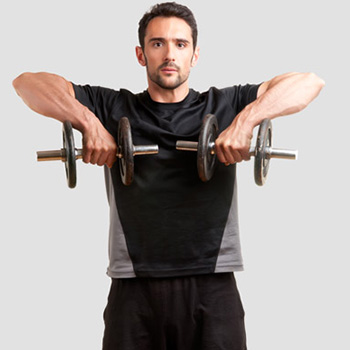 Bicep curls, triceps extension, shoulder upright row